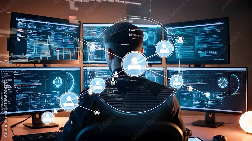 Man Analyzing Digital Data on Multiple Monitors with Network
Man Analyzing Digital Data on Multiple Monitors with Network