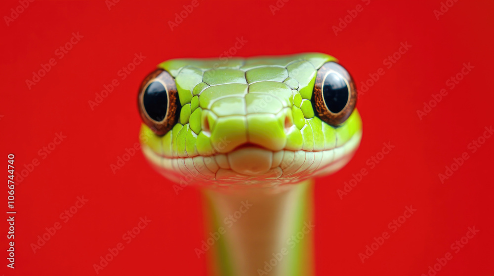 Close-up of a green snake’s face with expressive eyes against a vibrant red background, highlighting its intricate scales and curious gaze, symbolic of the Chinese New Year’s charm and mystique.. Close-up of a green snake’s face with expressive eyes against a vibrant red background, highlighting its intricate scales and curious gaze, symbolic of the Chinese New Year’s charm and mystique..