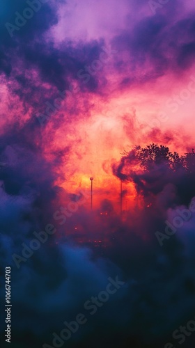 Dramatic Sunset Sky with Fog and Silhouette Trees