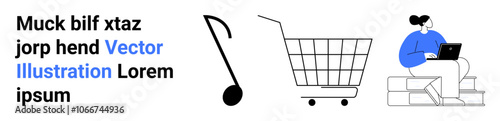 Abstract person working on laptop, music note, shopping cart, and placeholder text. Ideal for e-commerce, digital marketing, remote work, music industry, graphic design, online education, creative