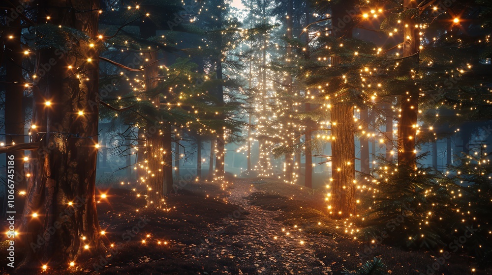 Magical Forest with Christmas Trees and Blurry Glowing Lights Magical Forest with Christmas Trees and Blurry Glowing Lights