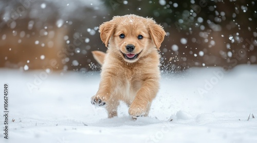 Golden Retriever Puppy Running Through Snow