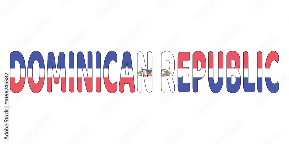 The phrase DOMINICAN REPUBLIC is displayed in large, bold letters. Each letter is filled with the colors of the Dominican Republic flag. The phrase DOMINICAN REPUBLIC is displayed in large, bold letters. Each letter is filled with the colors of the Dominican Republic flag.