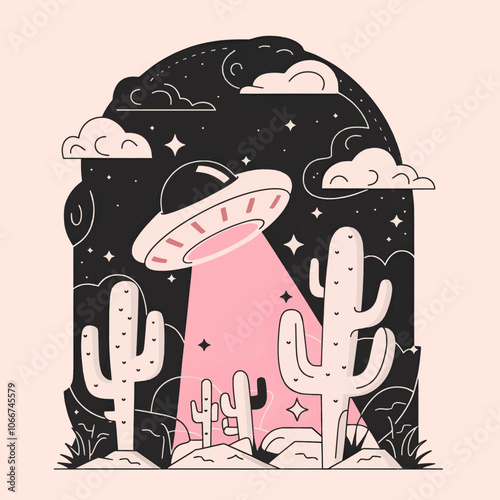 A nighttime scene with a UFO hovering in the sky. The UFO emits a pink beam that illuminates a desert landscape below. The desert is
populated with cacti of varying sizes and shapes