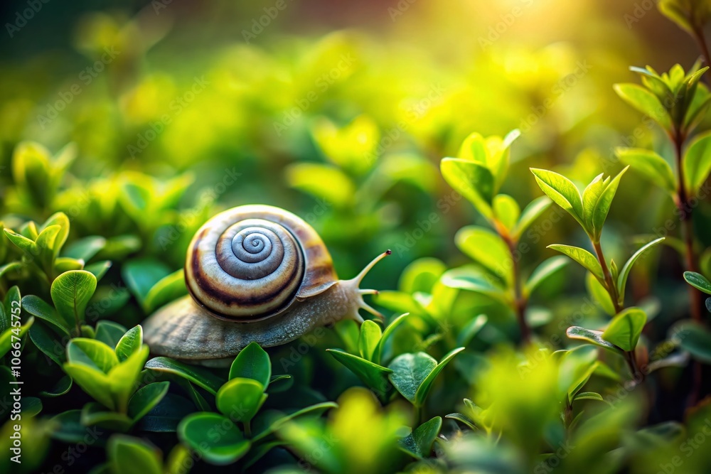 Tilt-Shift Photography of a Snail on a Bush - Macro Nature Close-up, Soft Focus, Miniature World, Garden Wildlife, Vibrant Greenery, Small Wonders, Serene Landscape Tilt-Shift Photography of a Snail on a Bush - Macro Nature Close-up, Soft Focus, Miniature World, Garden Wildlife, Vibrant Greenery, Small Wonders, Serene Landscape