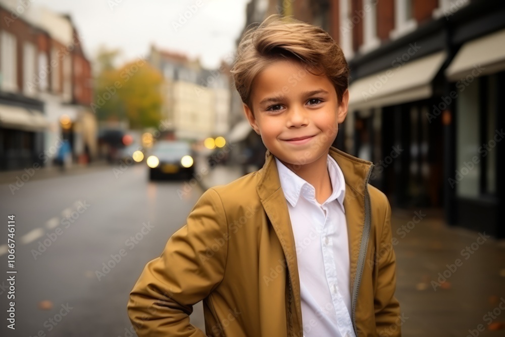Outdoor portrait of cute little boy with blond hair, wearing brown coat, looking at camera. Outdoor portrait of cute little boy with blond hair, wearing brown coat, looking at camera.