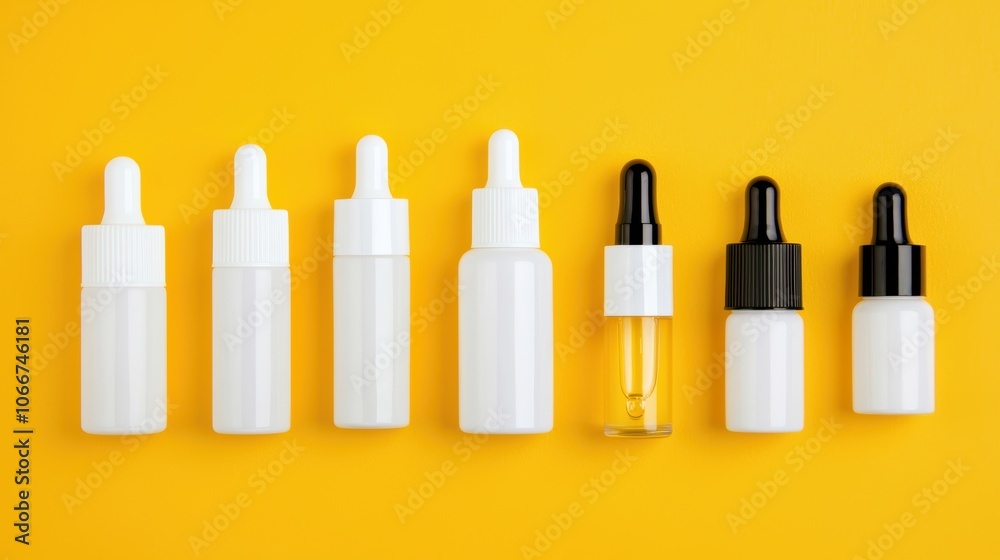 Range of white skincare bottles with different tops, ideal for visuals on beauty product mockups, packaging variety, and minimalist aesthetics Range of white skincare bottles with different tops, ideal for visuals on beauty product mockups, packaging variety, and minimalist aesthetics