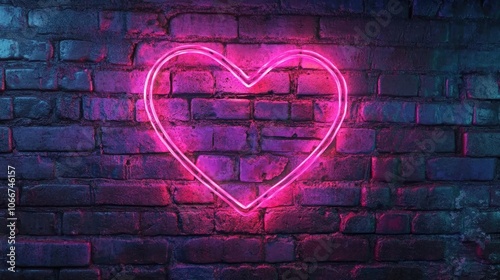 Neon Heart Glow on Brick Wall Background