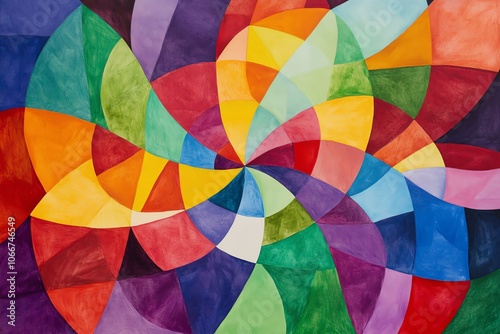 Peinture géométrique abstraite avec motifs circulaires en couleurs arc-en-ciel.
