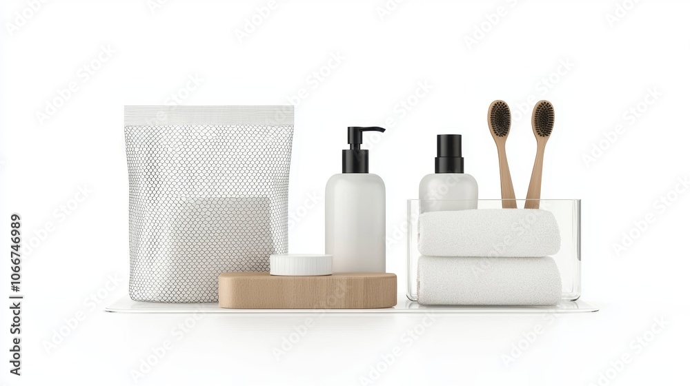 Naklejka premium Set of travel-sized toiletries in clear bag isolated on white 3D illustration, isolated on white background