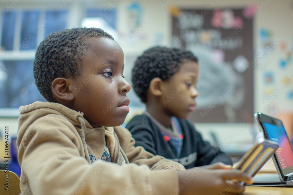 Kids On The Computer. African American School Children Using a Digital Tablet in Classroom Kids On The Computer. African American School Children Using a Digital Tablet in Classroom