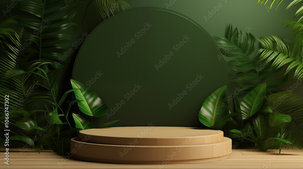 Wooden round empty podium with palm leaves on green wall background. Product display presentation, advertising, mockup, showcasing.
Wooden round empty podium with palm leaves on green wall background. Product display presentation, advertising, mockup, showcasing.