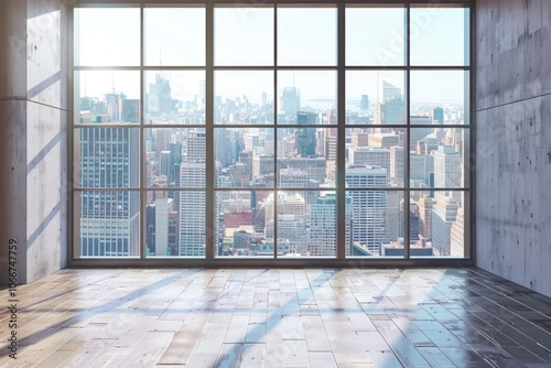 Loft Window. Modern Unfurnished Interior with City View in Real Estate Apartment