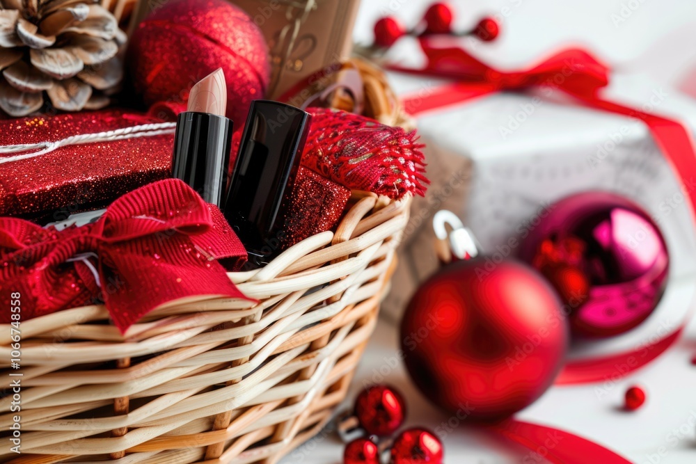 A festive basket filled with Christmas decorations and topped with a red bow, perfect for holiday displays or gift wrapping A festive basket filled with Christmas decorations and topped with a red bow, perfect for holiday displays or gift wrapping
