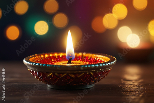 Colorful happy diwali diya oil lamp with flame festive bokeh lights