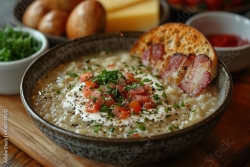 Creamy Rice Porridge with Bacon, Tomato, and Herbs in a Bowl