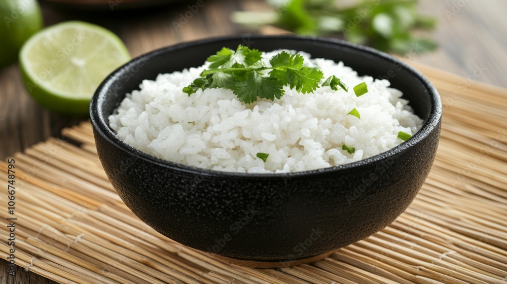 Freshly Cooked Rice in Bowl with Herbs and Lime Freshly Cooked Rice in Bowl with Herbs and Lime