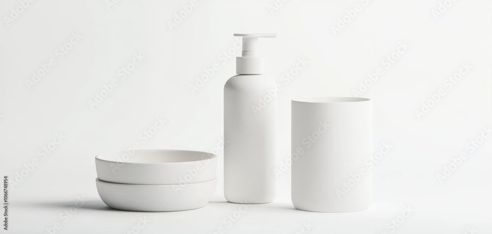 White cosmetic containers set including pump and spray bottles isolated on white background 3D illustration White cosmetic containers set including pump and spray bottles isolated on white background 3D illustration