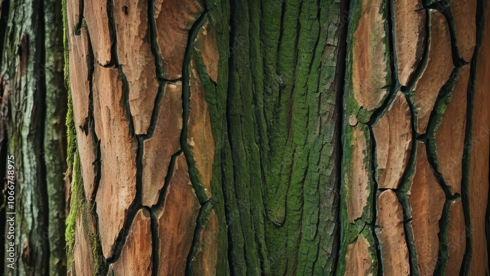 Lush green moss covers the textured bark of a tree, showcasing nature's artistry. The deep grooves and earthy colors create a serene woodland atmosphere Lush green moss covers the textured bark of a tree, showcasing nature's artistry. The deep grooves and earthy colors create a serene woodland atmosphere