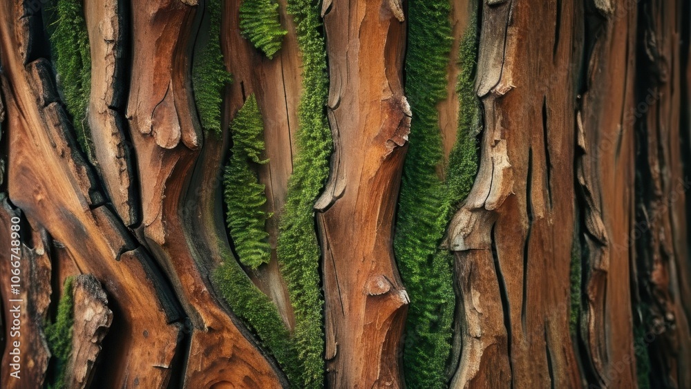 Lush green moss covers the textured bark of a tree, showcasing nature's artistry. The deep grooves and earthy colors create a serene woodland atmosphere Lush green moss covers the textured bark of a tree, showcasing nature's artistry. The deep grooves and earthy colors create a serene woodland atmosphere