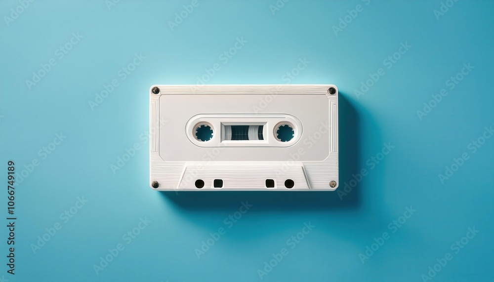 Fototapeta premium Minimalist Close-Up of Vintage White Cassette Tape on Aqua Background. Conceptual Representation of Nostalgic 1980s Media, Environmental Impact of Plastic Waste, and Analog Audio Technology