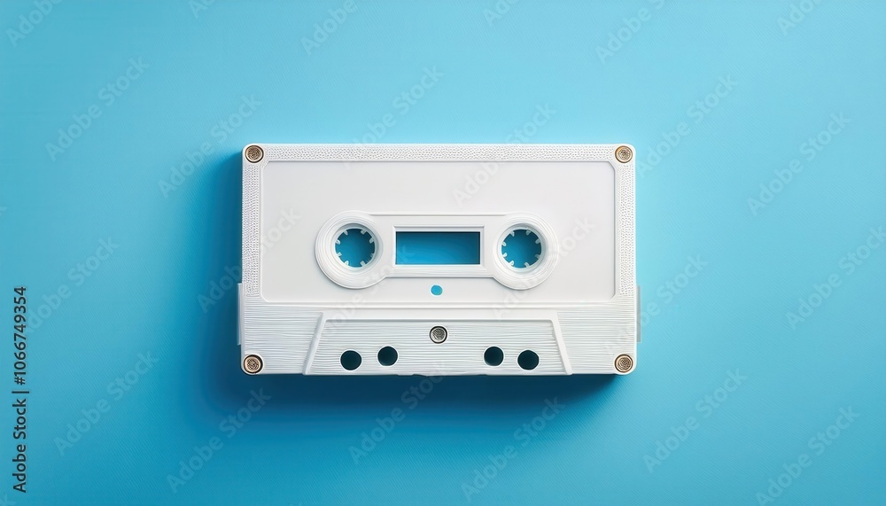 Obraz premium Minimalist Close-Up of Vintage White Cassette Tape on Aqua Background. Conceptual Representation of Nostalgic 1980s Media, Environmental Impact of Plastic Waste, and Analog Audio Technology
