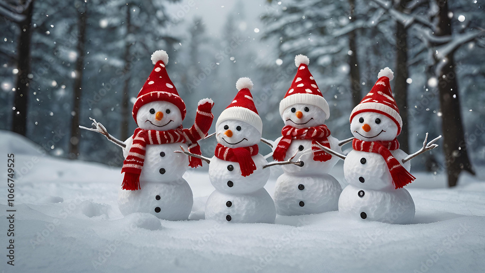 Winter. Happy New Year and Merry Christmas. Funny snowmen on a blurry winter background. The atmosphere of a New Year's holiday. Winter. Happy New Year and Merry Christmas. Funny snowmen on a blurry winter background. The atmosphere of a New Year's holiday.
