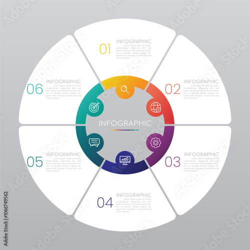 Circle chart infographic template with 6 options for presentations