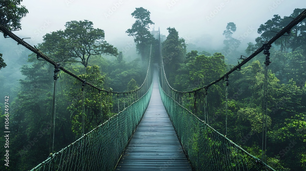 Obraz premium Explore the serene beauty of nature a journey across the misty suspension bridge in the heart of the forest