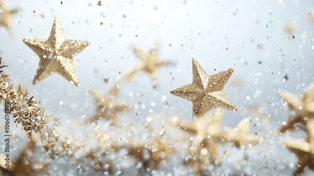 Enchanting Gold Stars and Sparkling Snowflakes on White Background for Festive Holiday Atmosphere Enchanting Gold Stars and Sparkling Snowflakes on White Background for Festive Holiday Atmosphere