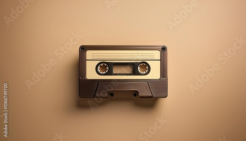 Retro Beige Audio Cassette Tape on Smooth Monochrome Background. Ideal for Concepts of Nostalgia, Vintage Music Media, Analog Sound Recording, and 1980s 1990s Pop Culture Aesthetic