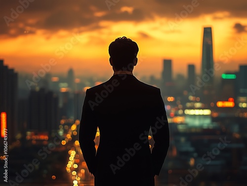 A gentleman with an old money style silhouette, gorgeous clothing, and charming temperament, overlooking Beijing from the window of a high-rise building 