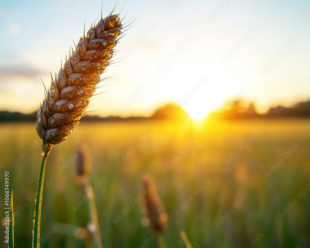 Single wheat stalk illuminated by sunset in a golden field. Single wheat stalk illuminated by sunset in a golden field.