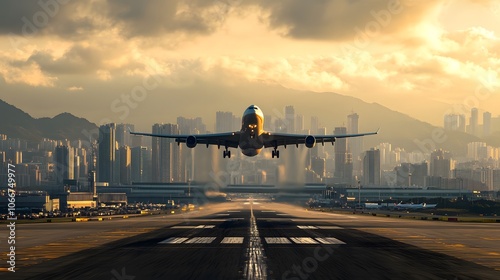 Commercial aircraft approaching runway during golden sunset, with dramatic urban skyline and mountains silhouetted in background, showcasing modern aviation against cityscape.