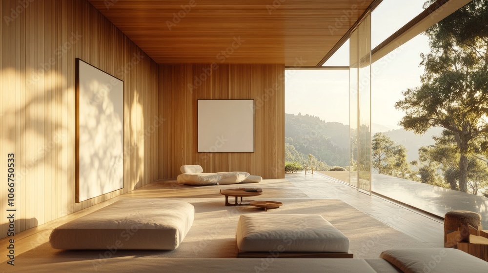 Elegant, minimalist living room with blank poster on wood wall, bathed in natural light from panoramic windows with stunning 360-degree outdoor views. Elegant, minimalist living room with blank poster on wood wall, bathed in natural light from panoramic windows with stunning 360-degree outdoor views.