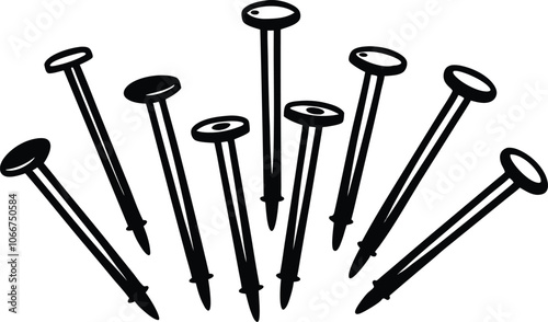 Set of Black Metal Nail Heads, Round and Flat, Isolated on White Background - Construction Hardware.