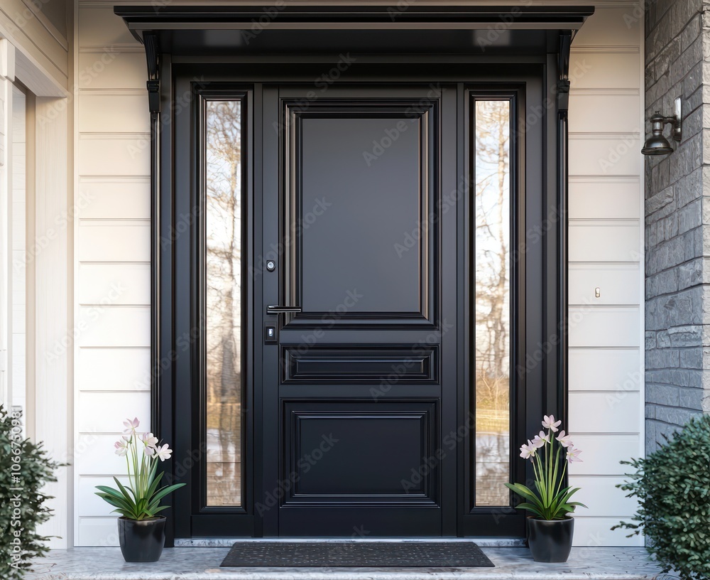 Refined black entrance door with potted plants, home exterior.