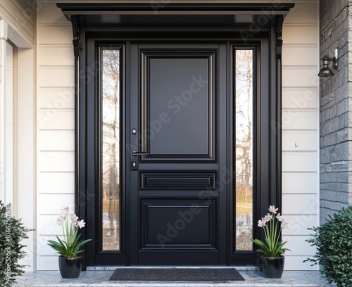 Obraz na płótnie Refined black entrance door with potted plants, home exterior. w salonie