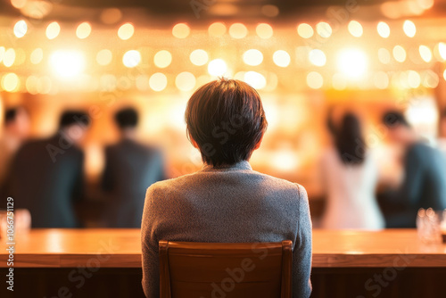 A single person sitting alone at a romantic restaurant, looking at couples around them, feeling lonely.