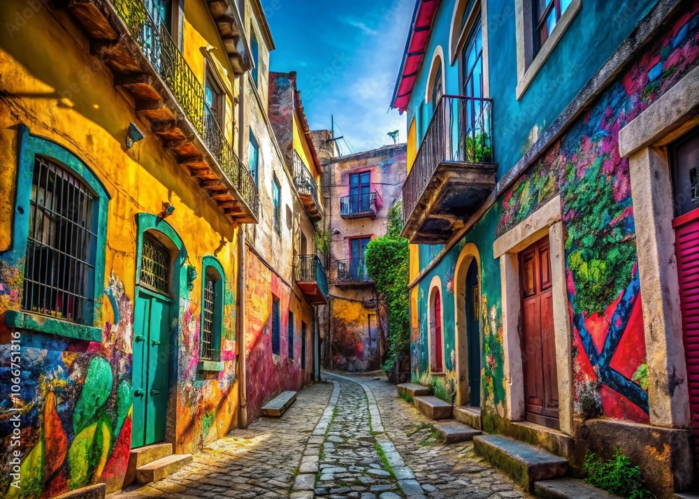 Fototapeta premium Urban Exploration Vacation Icon Set Featuring Abandoned Buildings, Street Art, and Scenic Cityscapes for Travel Enthusiasts