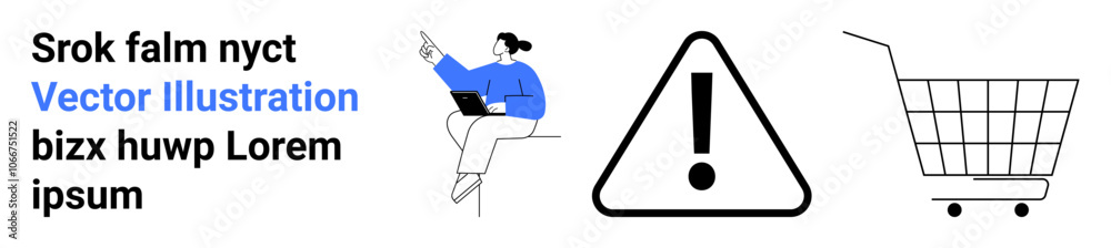Person using a laptop, an exclamation warning sign, and a shopping cart. Ideal for online shopping, e-commerce safety, digital transactions, consumer awareness, and security tips. Banner for landing Person using a laptop, an exclamation warning sign, and a shopping cart. Ideal for online shopping, e-commerce safety, digital transactions, consumer awareness, and security tips. Banner for landing