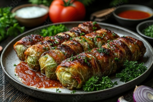 Close-Up of Glazed Cabbage Rolls with Parsley and Sauce