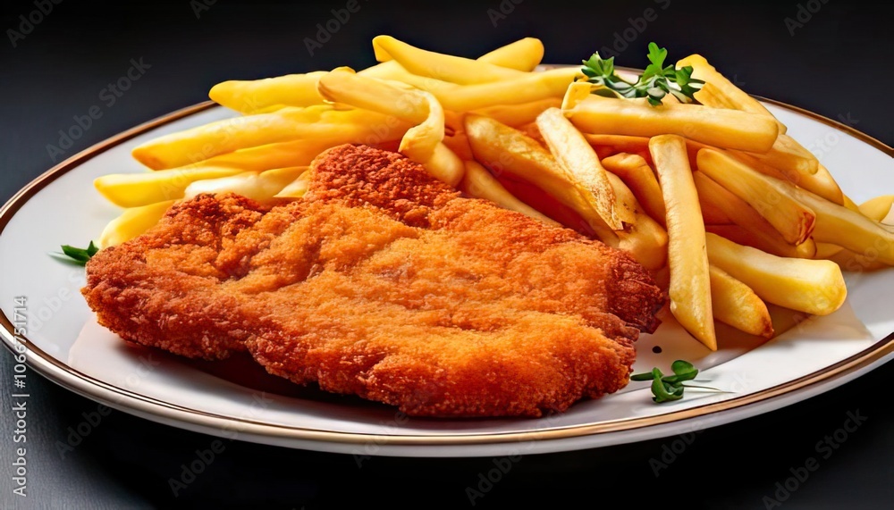 A plate with chicken schnitzel and French fries set against a clear backdrop A plate with chicken schnitzel and French fries set against a clear backdrop