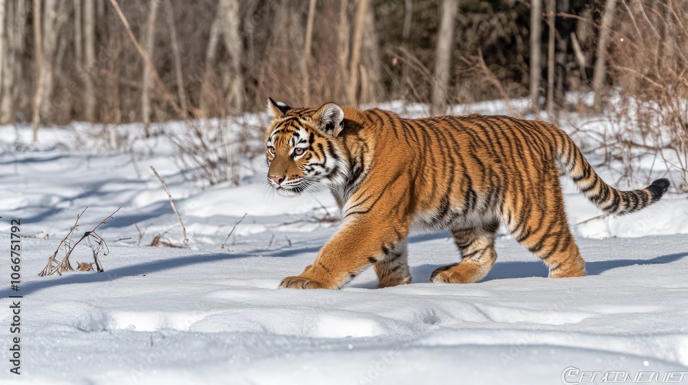 Fototapeta premium A Siberian tiger stealthily stalking through deep snow in a forest. The rich orange of its fur stands out against the white landscape