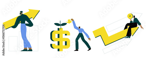 Finance growth illustration set. Characters analyzing investments, celebrating financial success and money growth. Money increasing concept. Vector illustration.