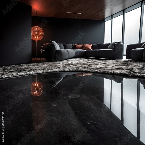 a black and white living room with a black wall