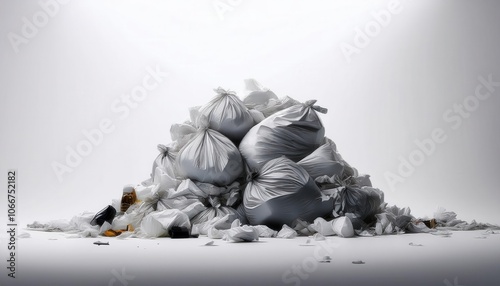 Pile of White Plastic Waste Bags and Scattered Trash on Clean Background Depicting Pollution and Waste Management Challenges for Environmental Conservation and Sustainability Concepts