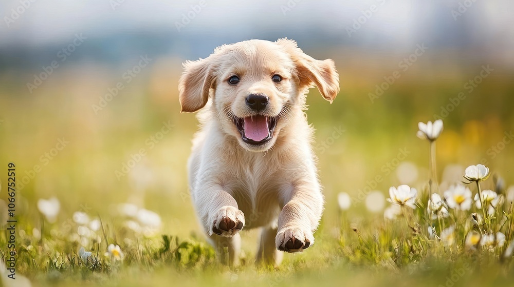 Golden Retriever Puppy Running Through a Field of White Flowers Golden Retriever Puppy Running Through a Field of White Flowers