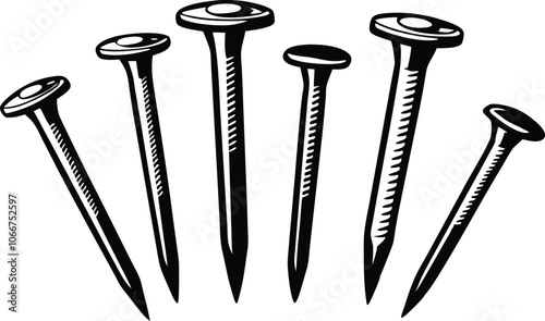 Set of Black Metal Nail Heads, Round and Flat, Isolated on White Background - Construction Hardware.