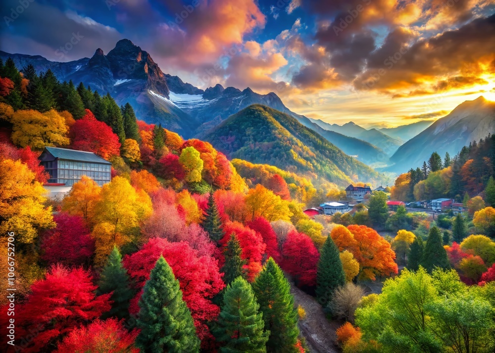 Vibrant Abstract Landscape of Mountains and Trees with Bold Colors for Urban Exploration Photography
